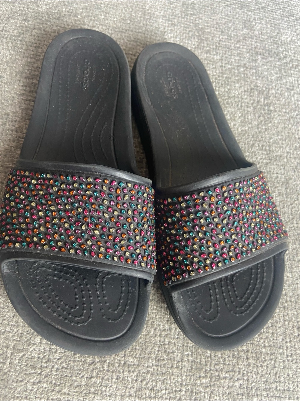 Crocs Black Slide Sandals with Multicolor Rhinestones size 8
